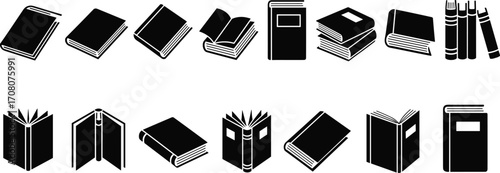 Black and white book icons set featuring open, closed, stacked, and leaning books in minimalist vector style for education and designWeb