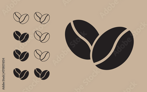 Coffee bean illustrations in various styles and colors on a beige background