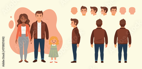 Complete character constructor kit featuring a modern multicultural family. Includes a male character turnaround sheet for 2D animation projects