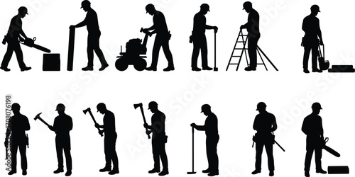 Silhouettes of construction workers using various tools including chainsaw, hammer, axe, ladder, and equipment in worksite vector illustration