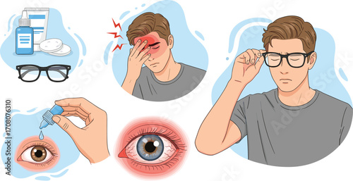Conceptual medical illustration set demonstrating ophthalmology issues like eye strain, red eye, and vision correction options