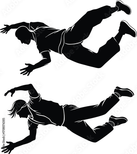 Silhouettes of men in dynamic diving poses falling