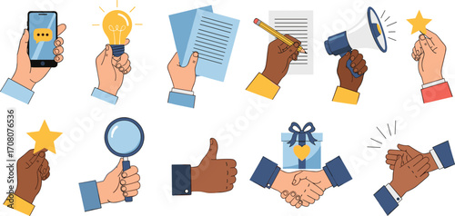 A diverse set of illustrated hands holding objects, symbolizing business concepts such as communication, ideas, feedback, and successful partnership