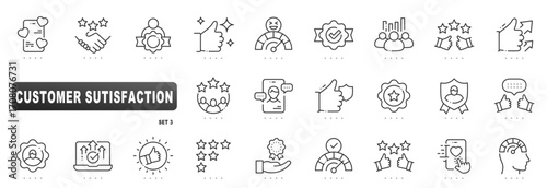 Outline icon set illustrating customer satisfaction, rating, feedback, support, loyalty, NPS metrics, reviews, engagement, trust, verified quality, service, performance, analytics