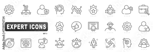 Expert icons illustrating expertise, certification, leadership, verified quality, recruitment, consulting, strategy, teamwork, and network connections in clean outline, editable stroke