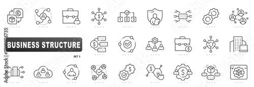 Business structure icons depicting organization hierarchy, management workflows, teams, finance, governance, approval, integration, and operations in clean outline, editable stroke