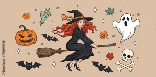 Enchanting Halloween A Witch's Flight with Spooky Companions