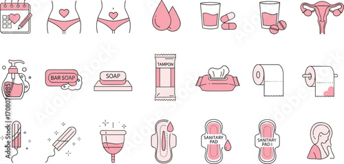 Vector line icon set illustrating the menstrual cycle, feminine hygiene products, and women's reproductive health concepts