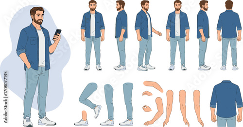 Vector character creation set of a casual young man for animation. Turnaround sheet with different poses and separate body parts