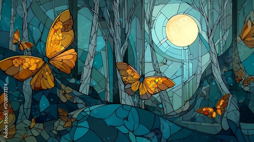 Stained Glass Forest Scene with Bright Moon and Orange Butterflies