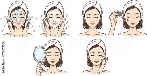 A visual guide to a complete facial beauty regimen, showing a woman cleansing, treating, and moisturizing her skin for a healthy glow