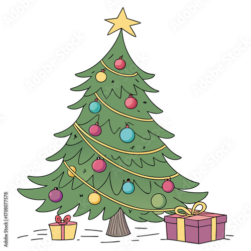 A vibrant Christmas tree decorated with ornaments and a star, surrounded by colorful gifts and presents