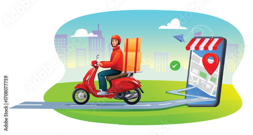 Courier on a scooter leaving a store and following a delivery route. Fast express service concept. Vector cartoon illustration