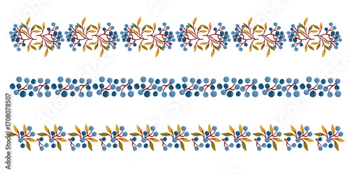 Flat vector set of horizontal dividers with black rowan branches and berries in dark blue and brown tones. Perfect for autumn banners, cards, and seasonal designs.