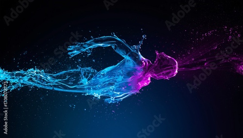 Neon Water Splash Forming Abstract Swimmer
