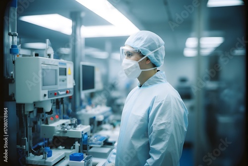 Cleanroom technician, wearing a face mask and hair net, is monitoring equipment.