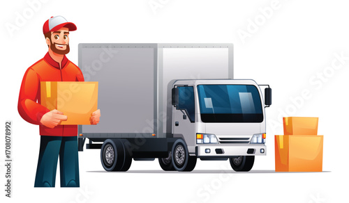 Courier holding a box stands next to a delivery truck. Ready for shipping. Vector cartoon illustration