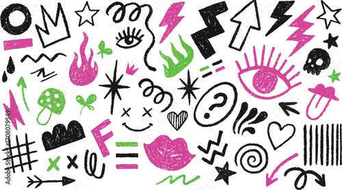 Punk Doodle Hand Drawn Vector Grunge Graffiti with Rock Music Elements on Chalk Background