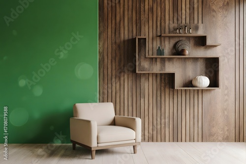 A beige armchair sits in a modern room with a green wall and wooden shelves.
