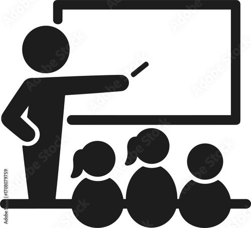 Teacher pointing at whiteboard with students sitting in front of them in a classroom setting Keywords: teacher, classroom