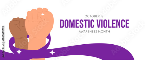 ctober Domestic Violence Awareness Month Poster with Purple Ribbon and Raised Fists