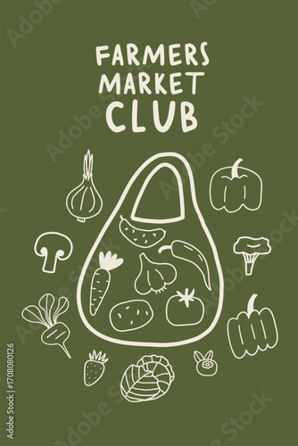 Farmer Food Market Grocery Bag. Eco Organic Poster. Vector Doodle Illustration