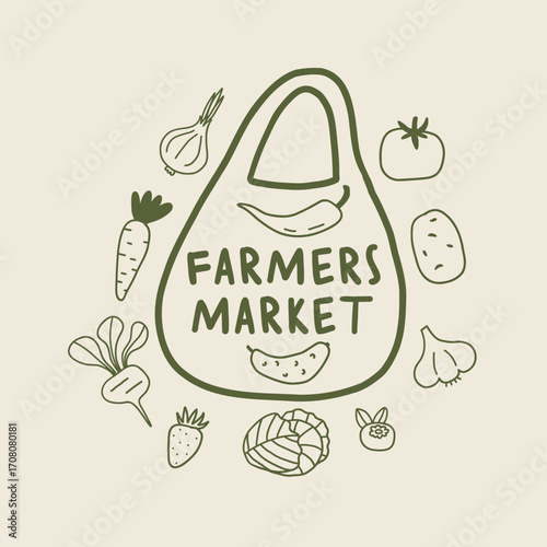 Farmer Veggie Market Grocery Bag. Eco Organic Poster. Vector Doodle Illustration