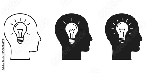 Three Head Icons With Lightbulb Inside Symbolizing Ideas thinking
