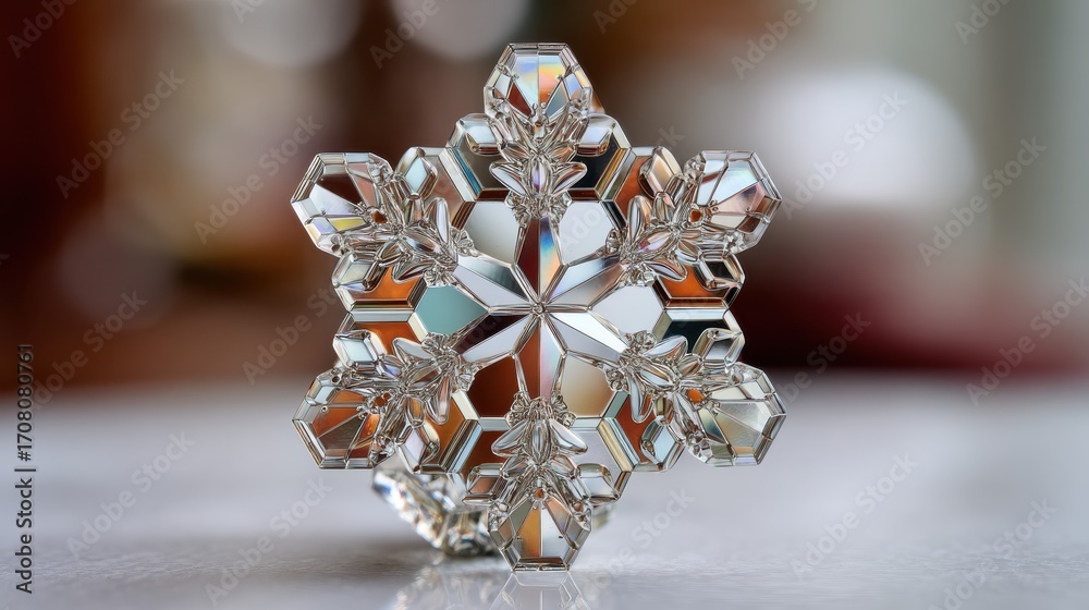 Fototapeta premium Intricate snowflake crystal showing complex ice structure on blurred background