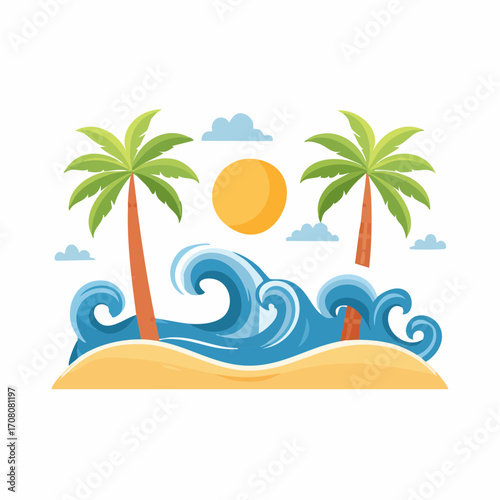 Cartoon illustration of a tropical beach scene with palm trees, waves, and sun.