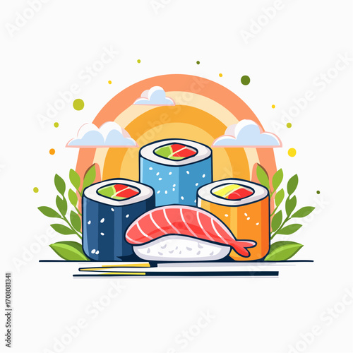 Colorful sushi rolls and nigiri displayed against a vibrant sunset backdrop, garnished with leaves and chopsticks.