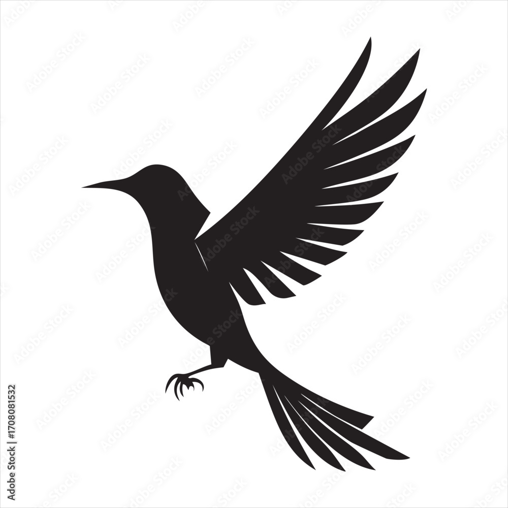 Fototapeta premium A stark black silhouette of a bird captured mid-flight, its wings outstretched and feathers detailed