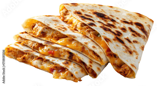 Stack of golden quesadillas, filled with chicken and melted cheese