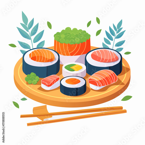 Colorful assortment of sushi rolls and nigiri on a wooden platter, garnished with fresh greenery.
