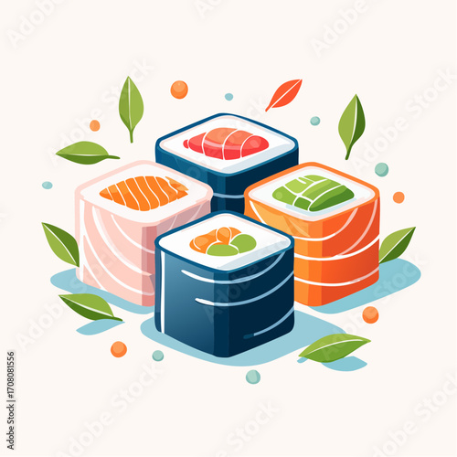 Four colorful, stylized sushi rolls arranged in a square pattern, surrounded by leaves and dots.