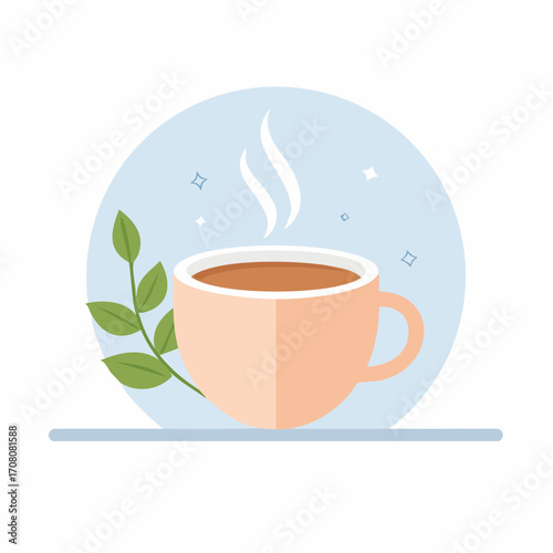 A light peach-colored coffee cup with steam, situated on a light blue background, and surrounded by a few leaves.