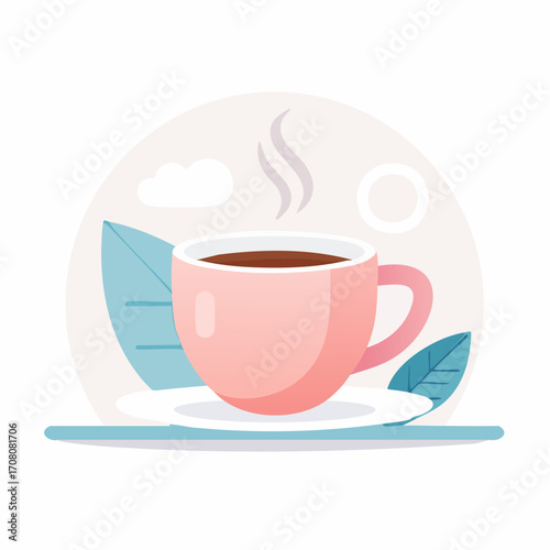 A steaming cup of coffee rests on a saucer, nestled among stylized leaves, under a peaceful sky.