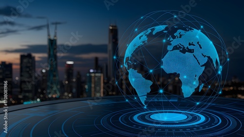 Digital Earth hologram displaying a global network of connections with a modern city skyline in the background.