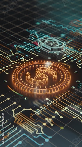 Futuristic concept of digital finance showing a glowing dollar sign integrated into a high-tech computer motherboard