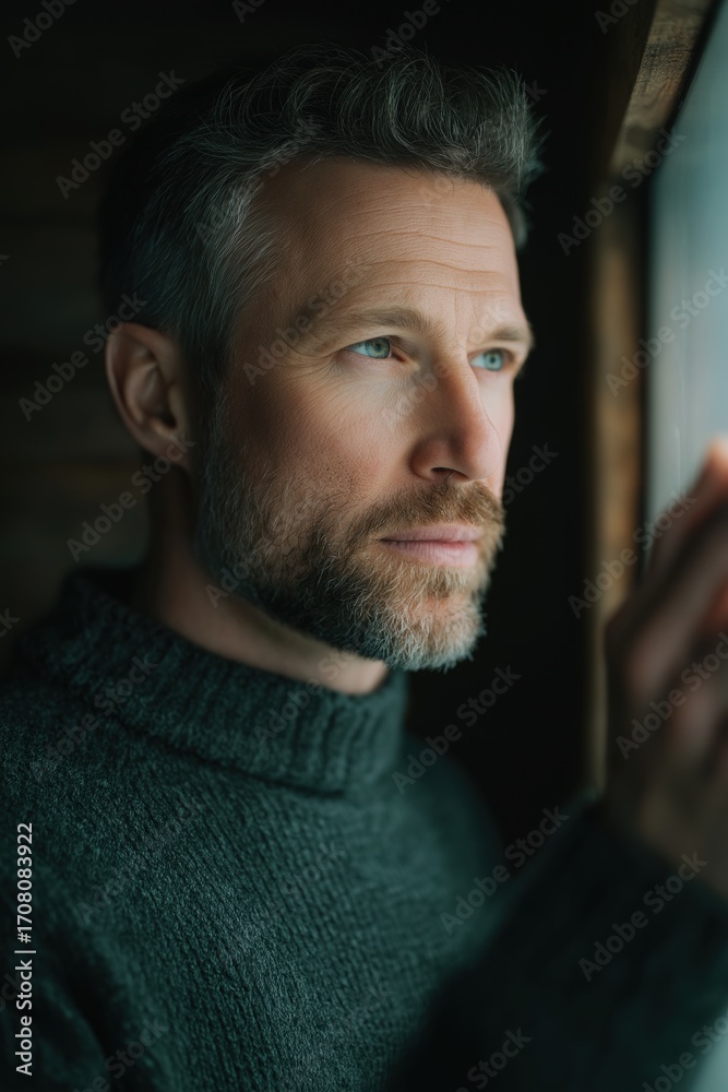 Fototapeta premium Man looking out window with thoughtful expression, soft focus, indoor setting