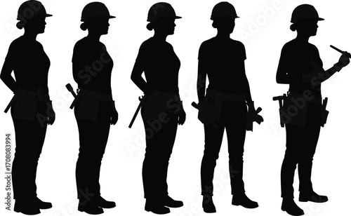 Silhouettes of female construction workers wearing safety helmets and tool belts holding various tools standing side view vector illustrationSilhouettes of 