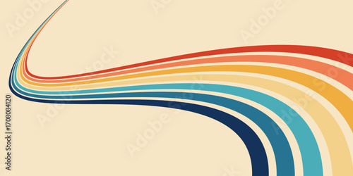  Rainbow wavy line design in 1970s hippie retro style. Abstract colorful vector pattern with vintage stripes. Ideal for decorative items, banners, posters and fabric prints