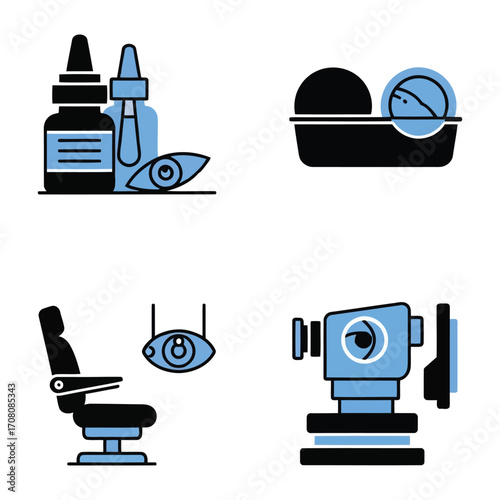 Eye Care and Vision Health Illustrations of Eye Drops, Contacts, and Examination Tools