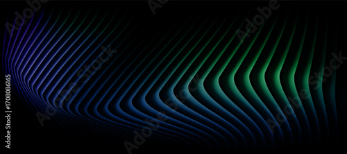 Blue and green curved flowing lines on a black background