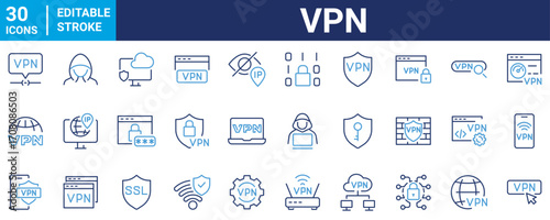 VPN Web Icon Set in Line Style. Collection of Internet security, Including privacy, proxy, firewall, online protection, cybersecurity, privacy, secure connection and more. Editable Stroke