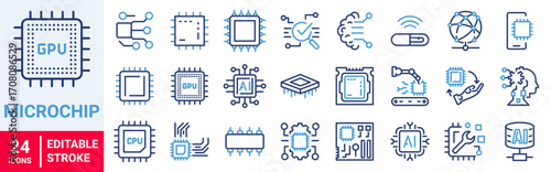 Microchip web line icons. Innovations and modern technologies Chip, Circuit, Abstract Electronic Module. Editable stroke. Vector illustration
