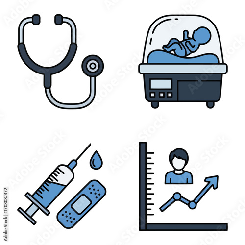 Set of thin line medical icons for pediatric care, vaccination, and healthcare analytics