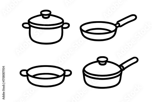 Simple line icons of cooking pans and frying pans for kitchen design, vector cartoon illustration set, transparent background, cookware collection for cooking and culinary tools