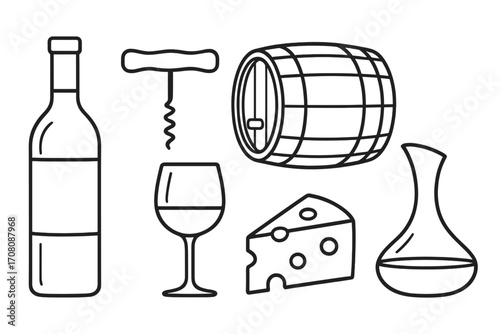 Wine tasting essentials set with bottle, glass, corkscrew, barrel, cheese, and decanter in clean line art style, black and white vector illustration for sommelier and gourmet design