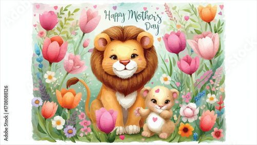 Adorable lion parent and cub celebrate happy mothers day amidst colorful spring tulips
